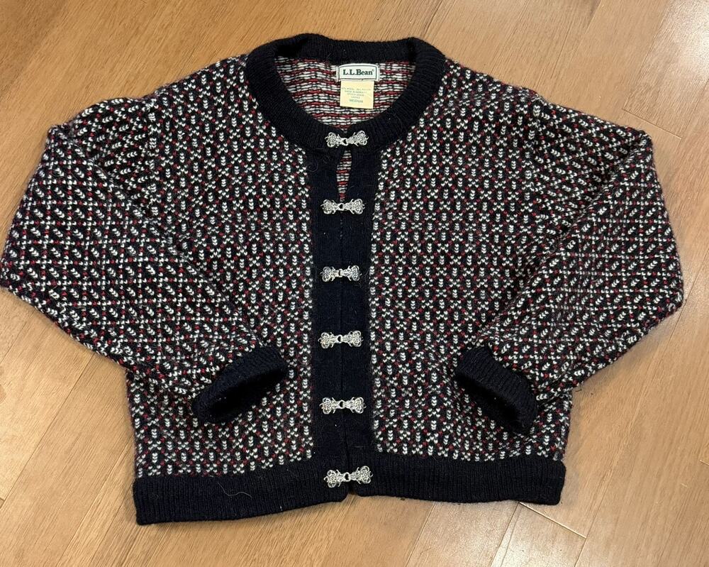 Vintage LL Bean Norway Birdseye Wool Cardigan Womens M Nordic Metal Clasps